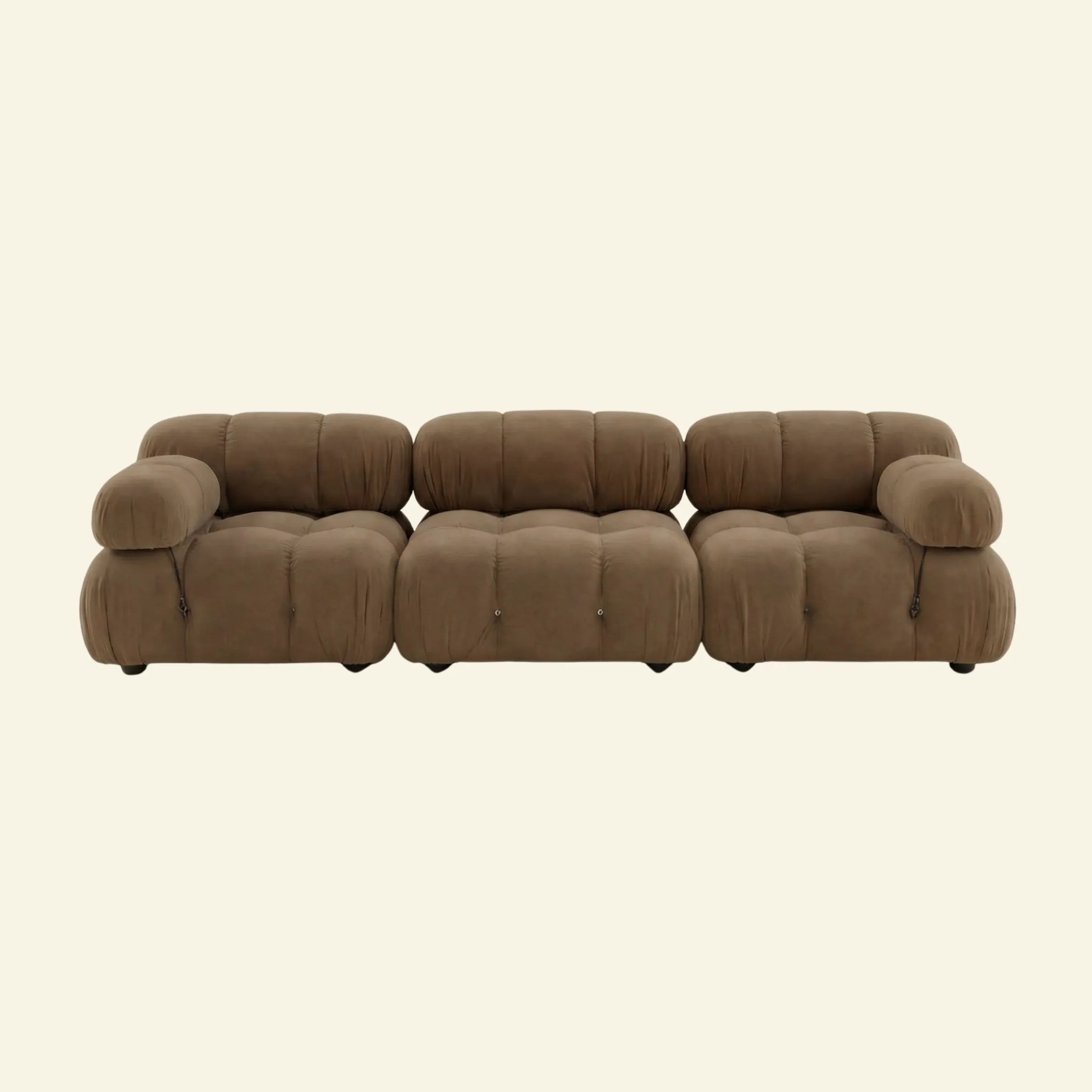 Camaleonda 3 seater modular sofa dupe in brown velvet with tufted upholstery on a beige background