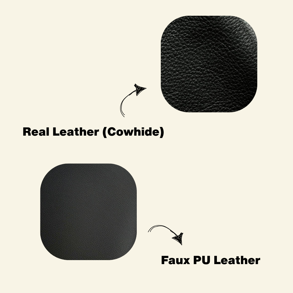 Comparison of real leather (cowhide) and faux PU leather on a beige background for the togo chair replica in leather