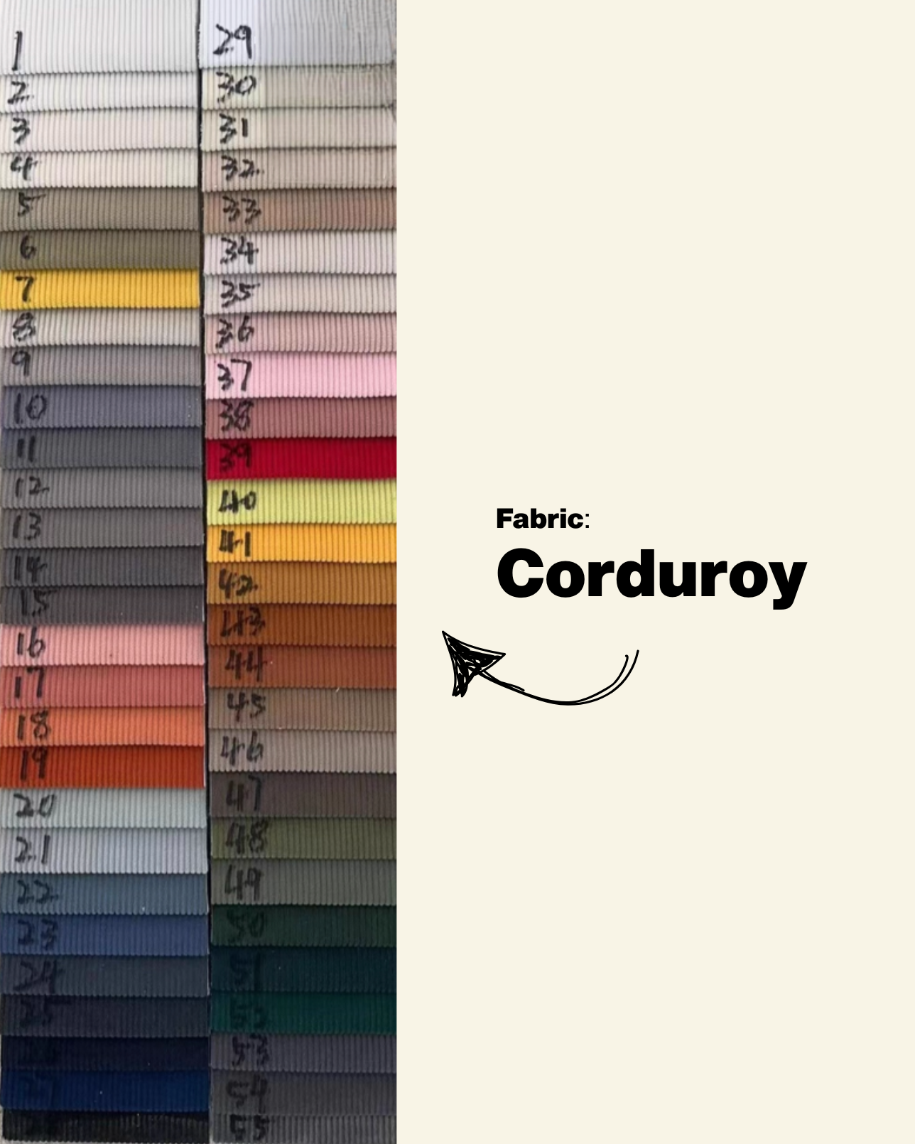 Color swatch chart for corduroy fabric with numbers and a label indicating the material.