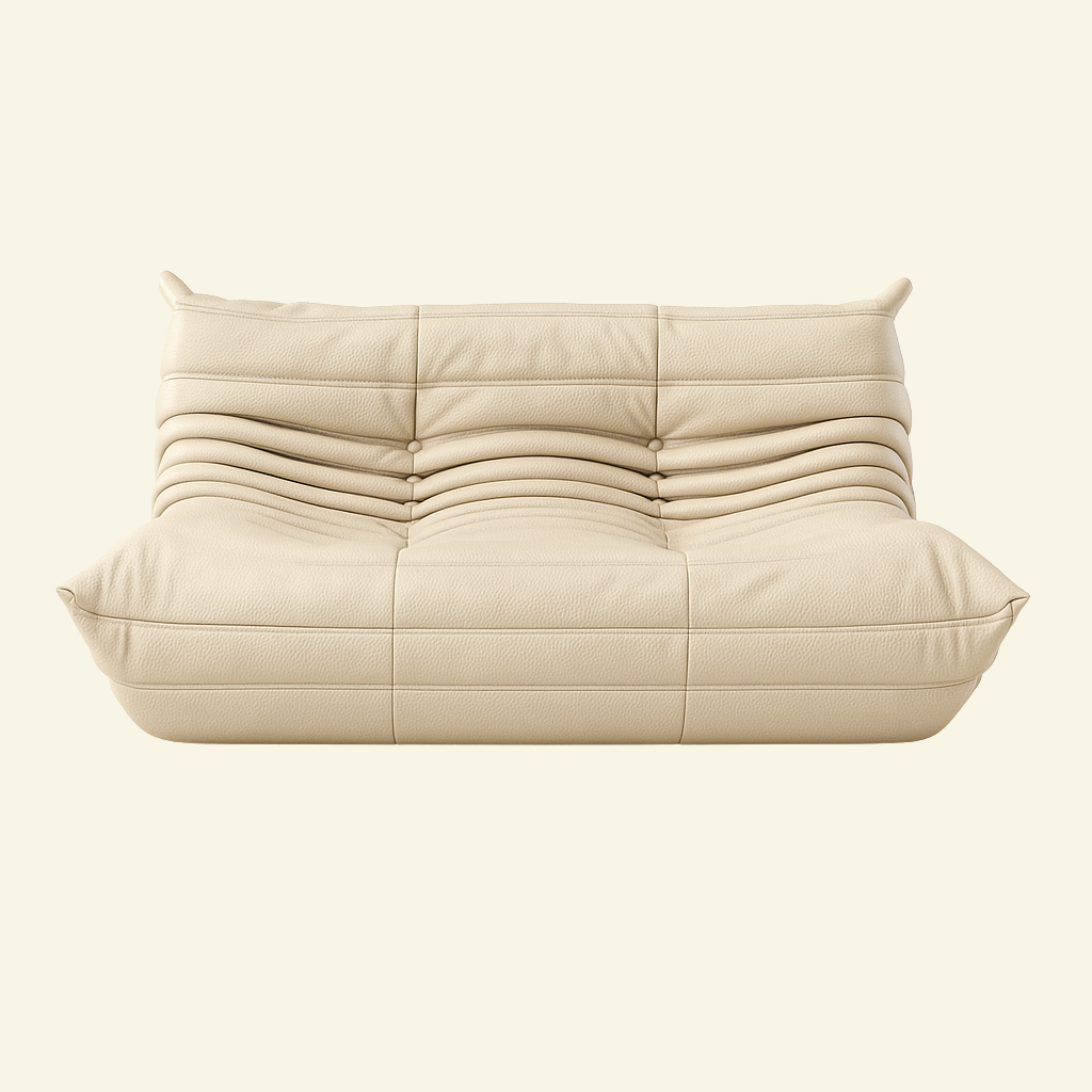 Cream colored leather 2-seater dupe on a beige background
