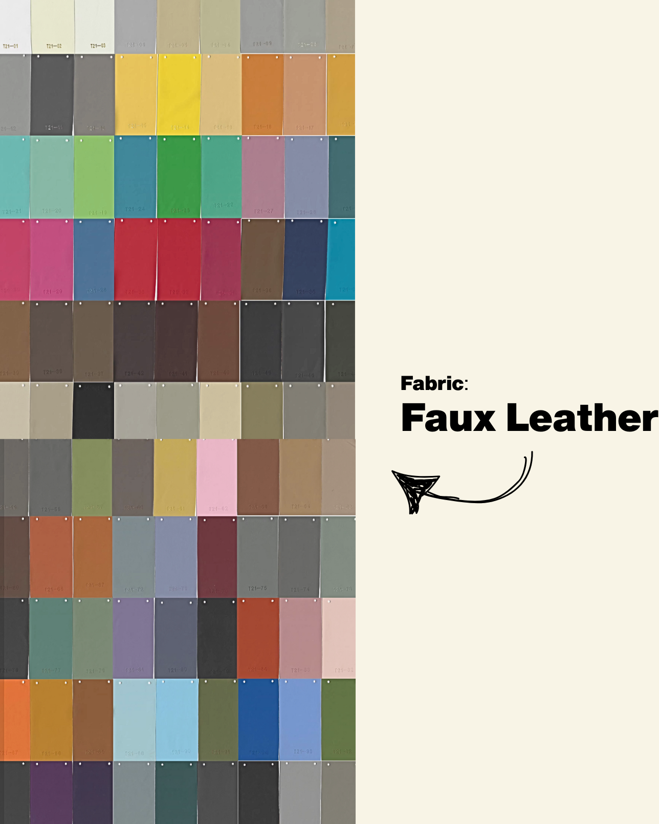 Color swatch chart for faux leather with various color options.