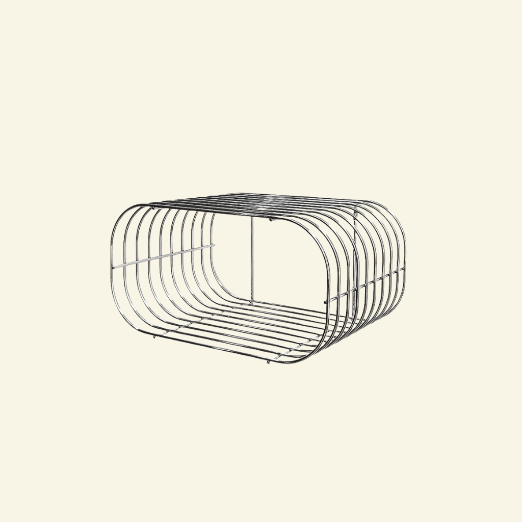 Close-up angled view of floating chrome wire wall shelf with shiny stainless steel finish