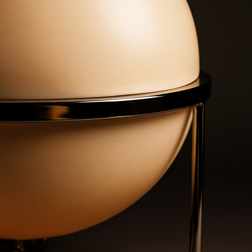 Garrault-inspired globe lamp glowing in soft ambient light, iron and acrylic table lamp with button switch.