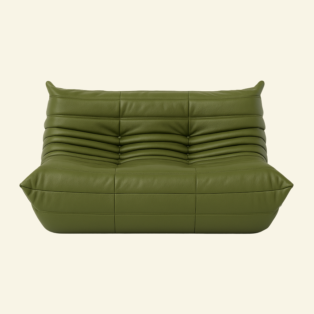 Green leather 2-seater dupe on a beige background