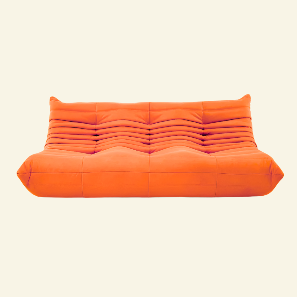 orange velvet Togo-style 3-seater sofa from vibehaus