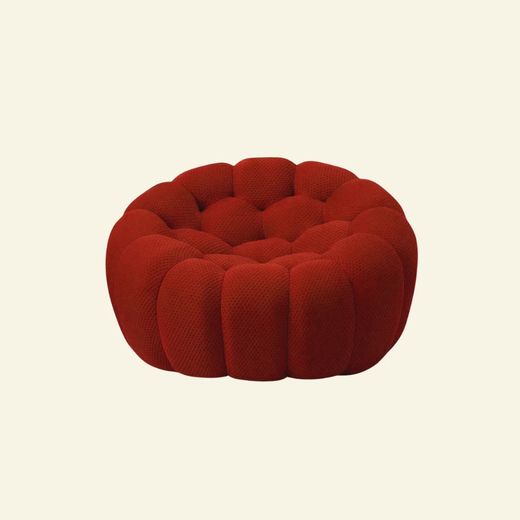 red bubble chair replica on beige background