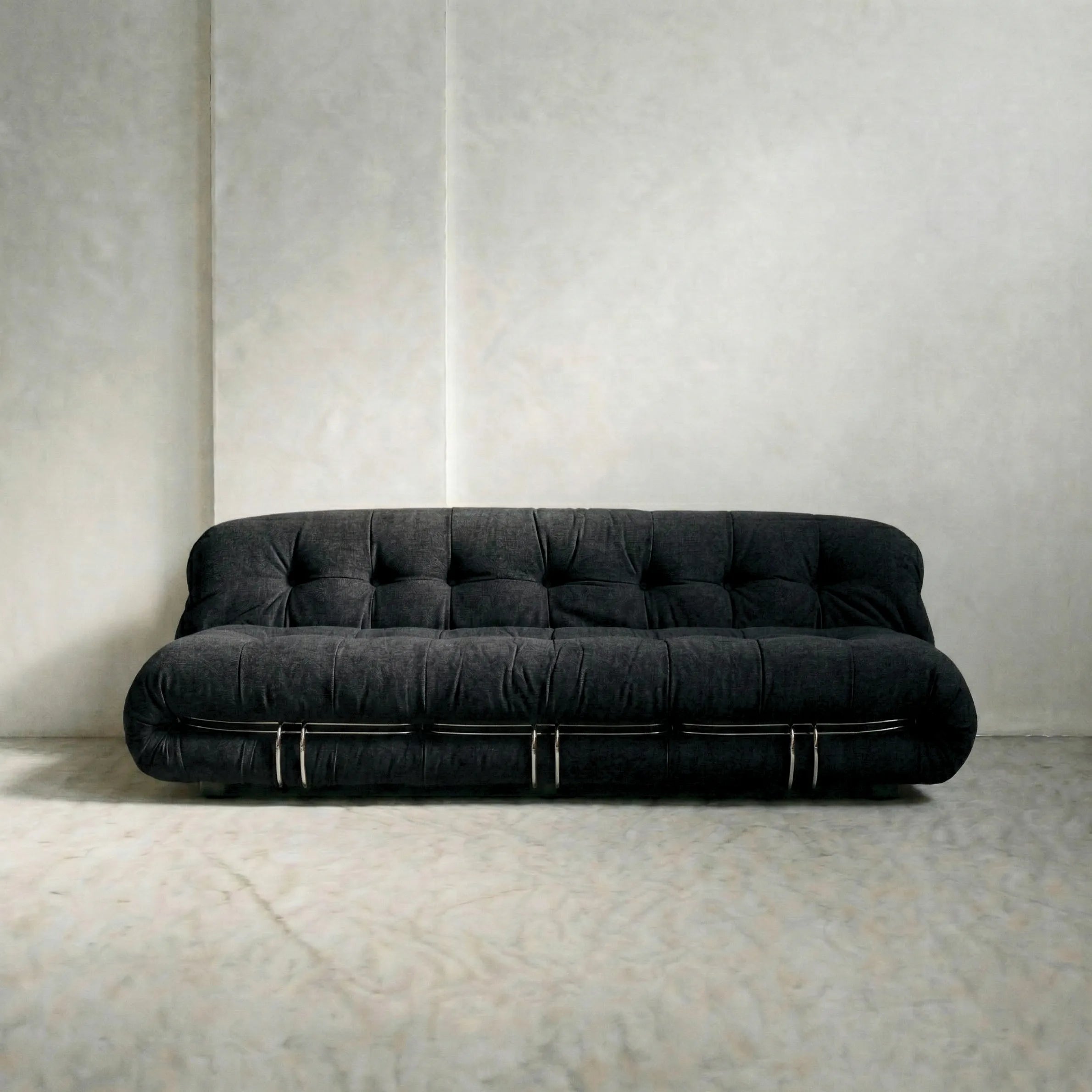 soriana sofa 3-seater dupe in black flannel on gray floor with white wall background