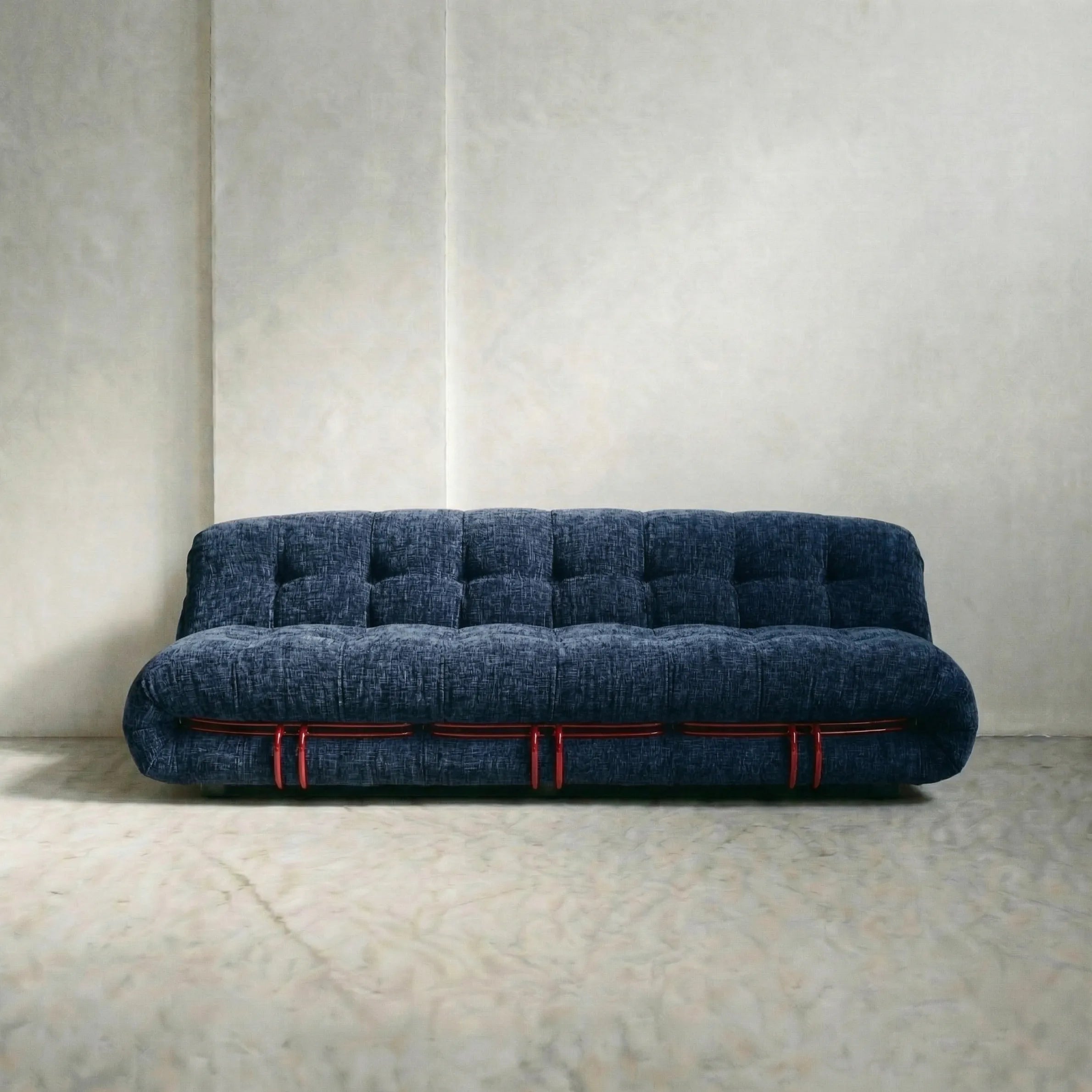 soriana sofa 3-seater dupe in blue chenille on gray floor with white wall background