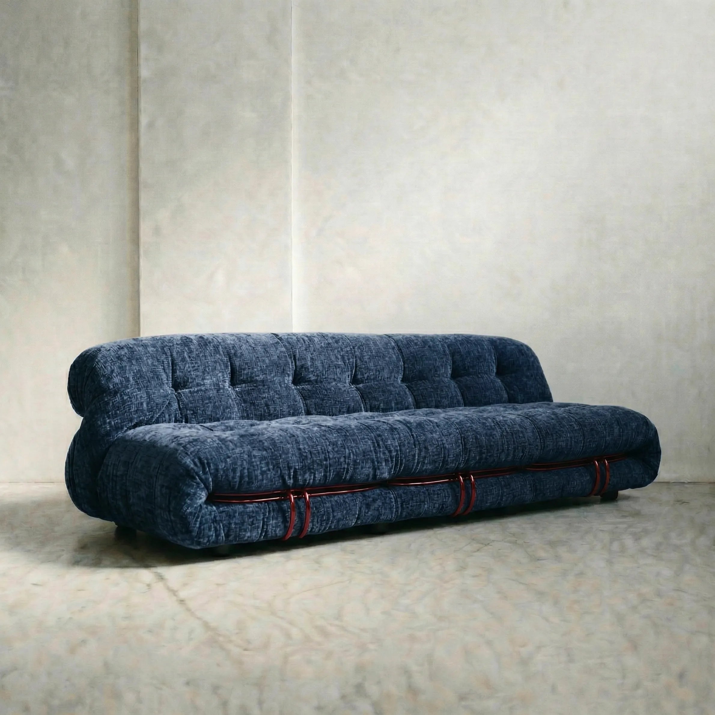 soriana sofa 3-seater dupe in blue chenille close-up with chrome clamp detail on light background