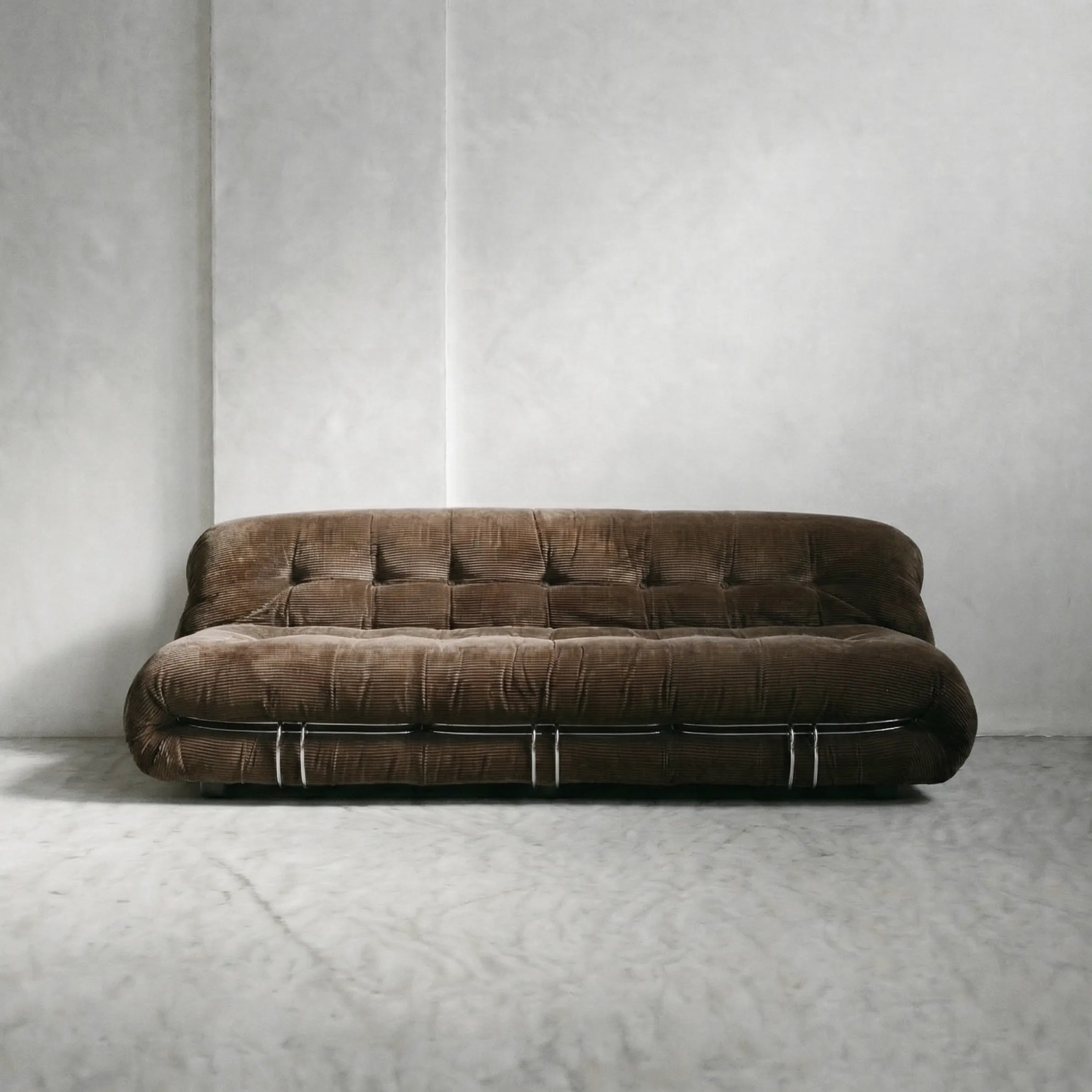 soriana sofa 3-seater dupe in brown corduroy on gray floor with white wall background