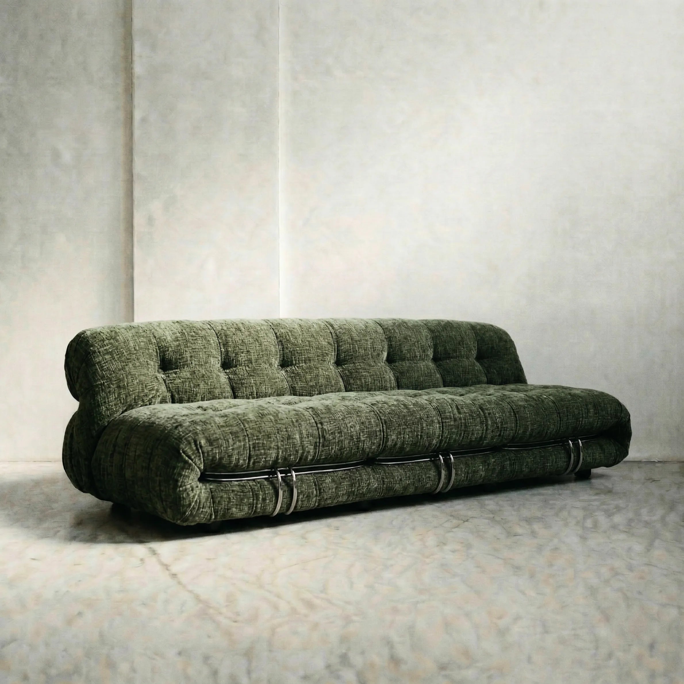 soriana sofa 3-seater dupe in green chenille on gray floor with white wall background