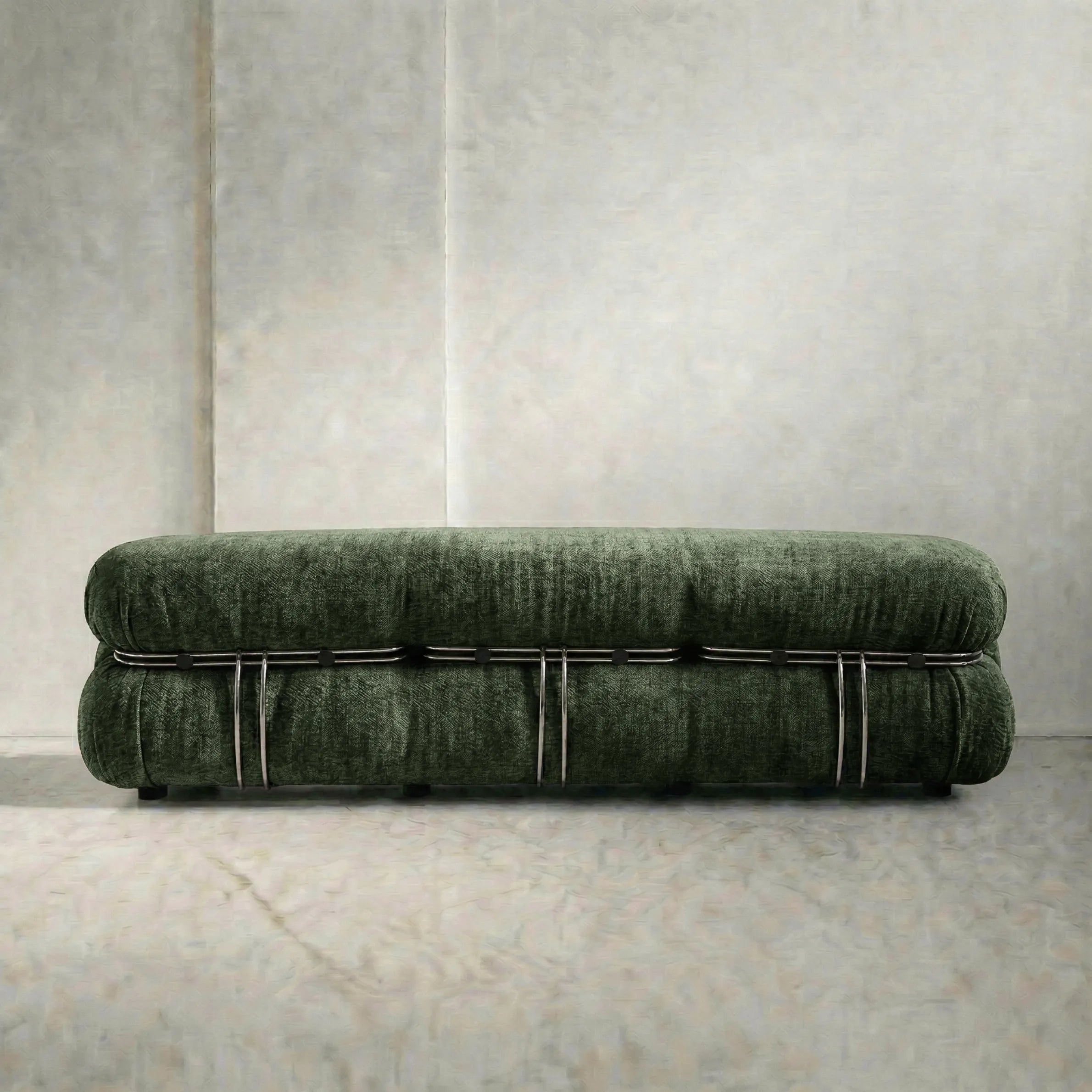 soriana sofa 3-seater dupe in green chenille close-up with chrome clamp detail on light background
