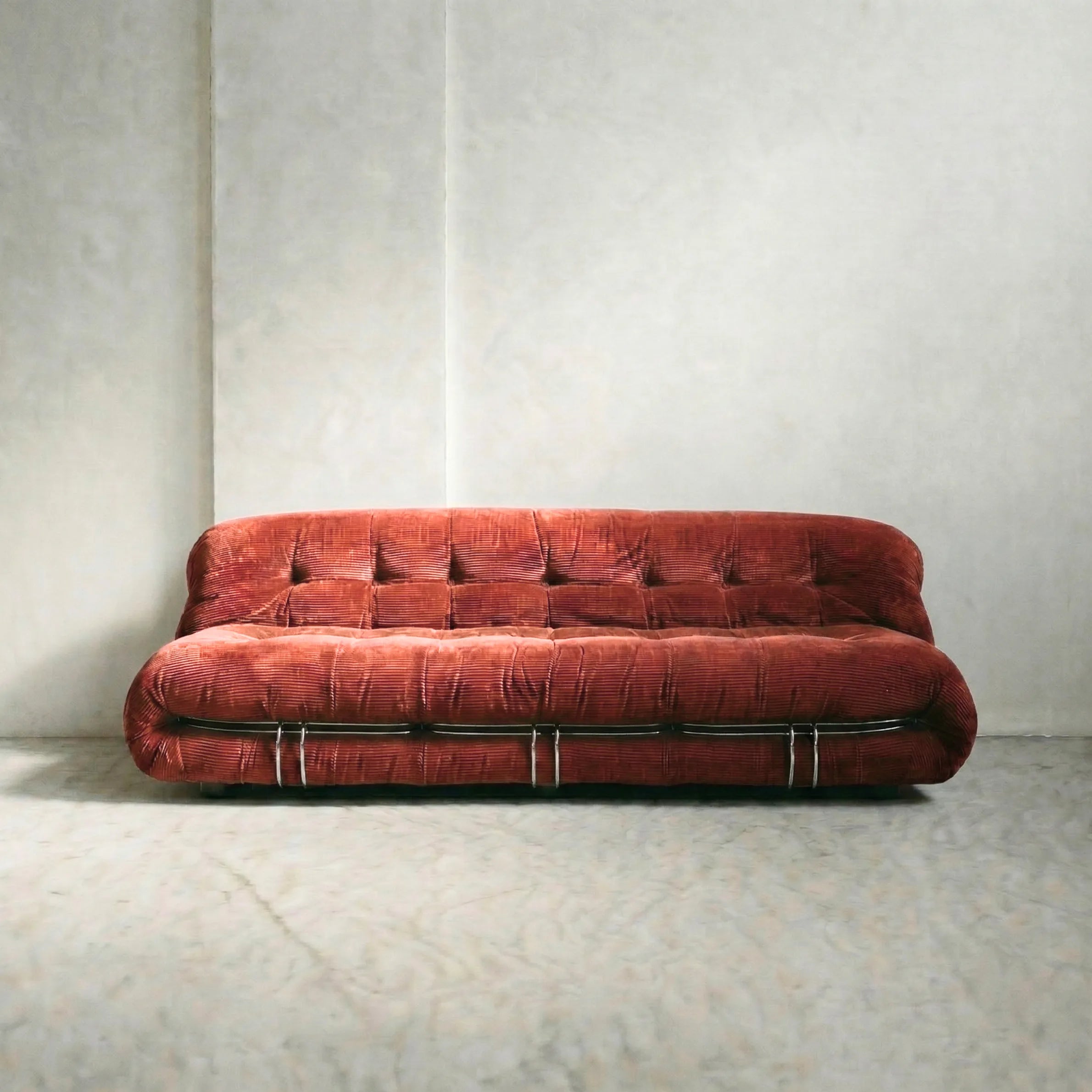 soriana sofa 3-seater dupe in terracotta corduroy on gray floor with white wall background