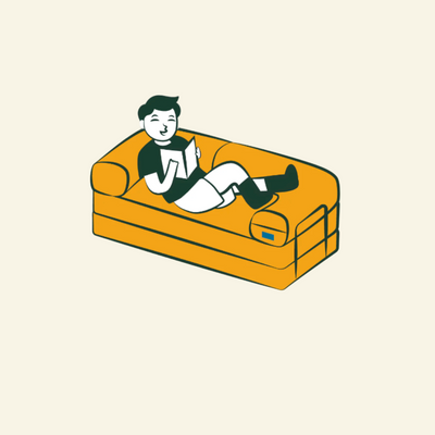 Illustration of a person sitting on the comfortform couch reading a book.