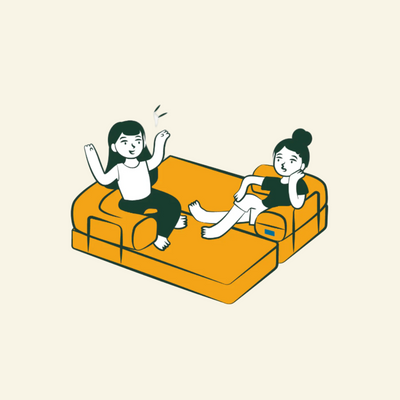 Illustration of two people sitting on a yellow comfortform couch with a beige background