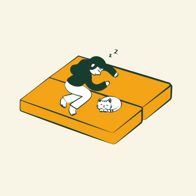 Illustration of a person sitting on an orange comfortform sofa with a cat next to them, on a beige background.