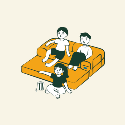 Illustration of three people sitting on a comfortform couch with one person holding popcorn.