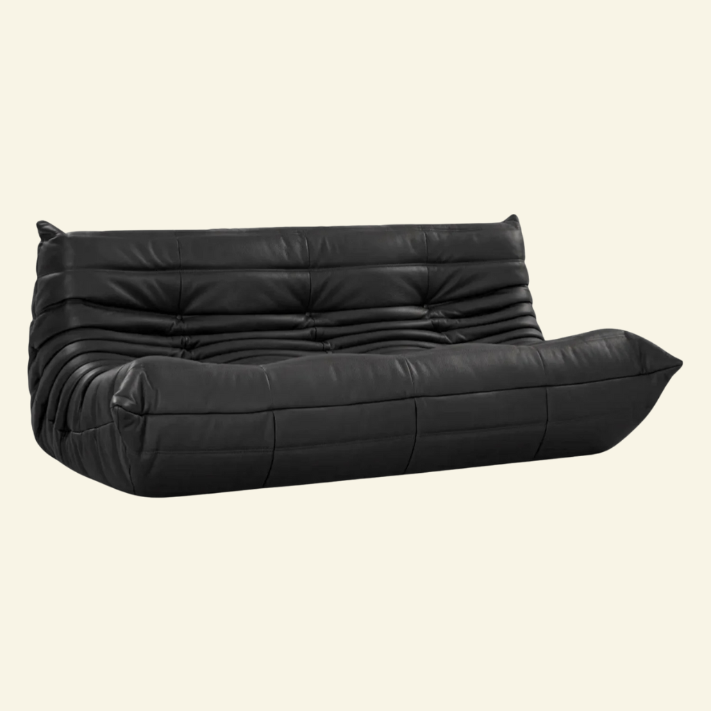 Black leather Togo 3-seater sofa replica, front angle with low-slung 70s-inspired silhouette – Vibehaus