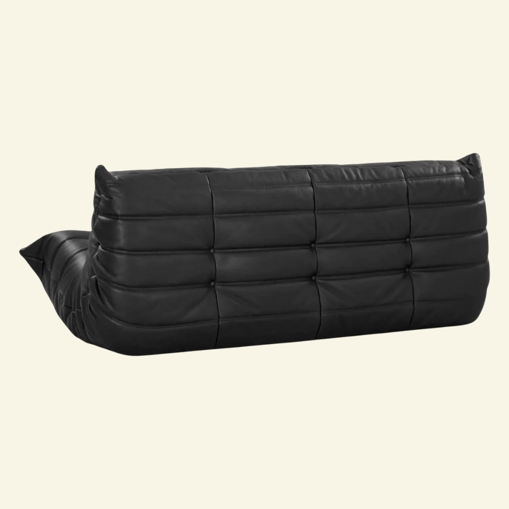 Togo 3-seater sofa replica in black leather, back view showing signature pleated design – Vibehaus.