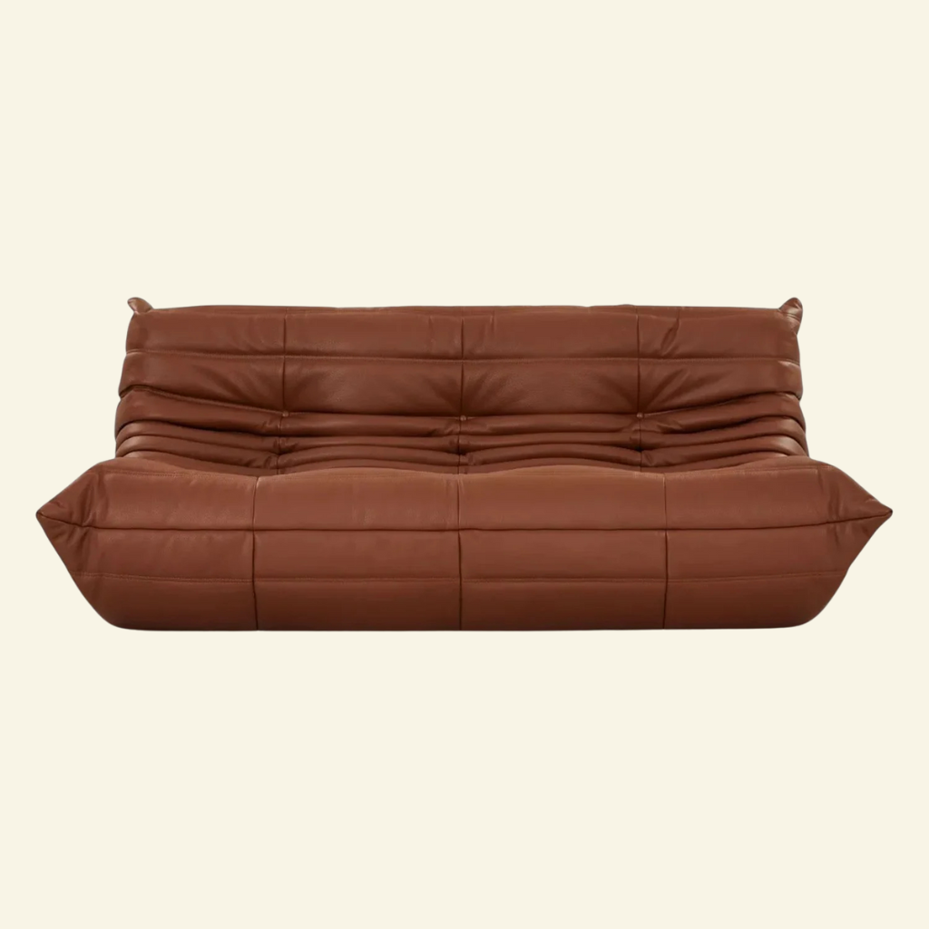 Togo-inspired 3-seater sofa replica in brown leather, full front view with deep seat and pleated folds – Vibehaus.