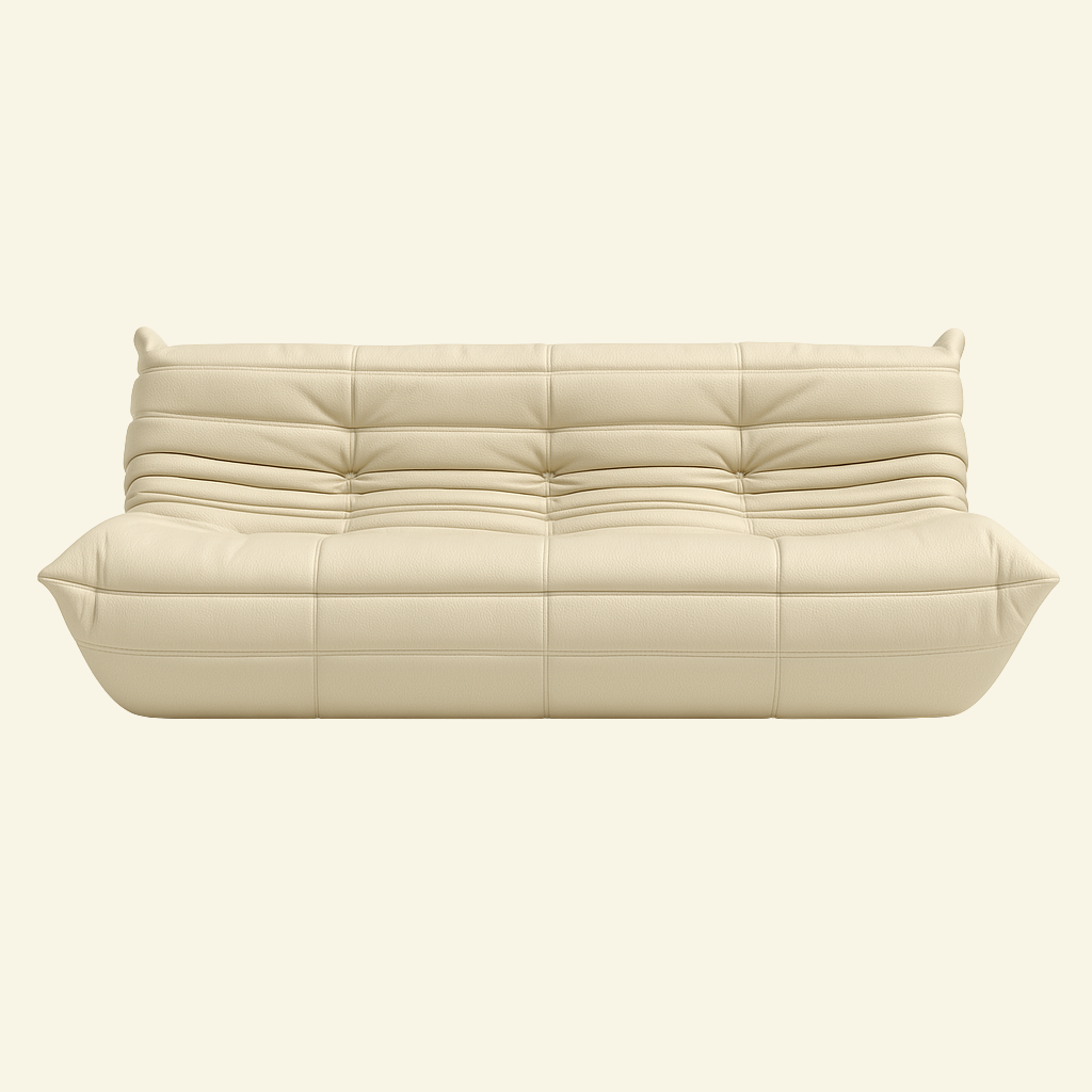 Togo-inspired 3-seater sofa replica in cream leather, full front view with deep seat and pleated folds – Vibehaus.
