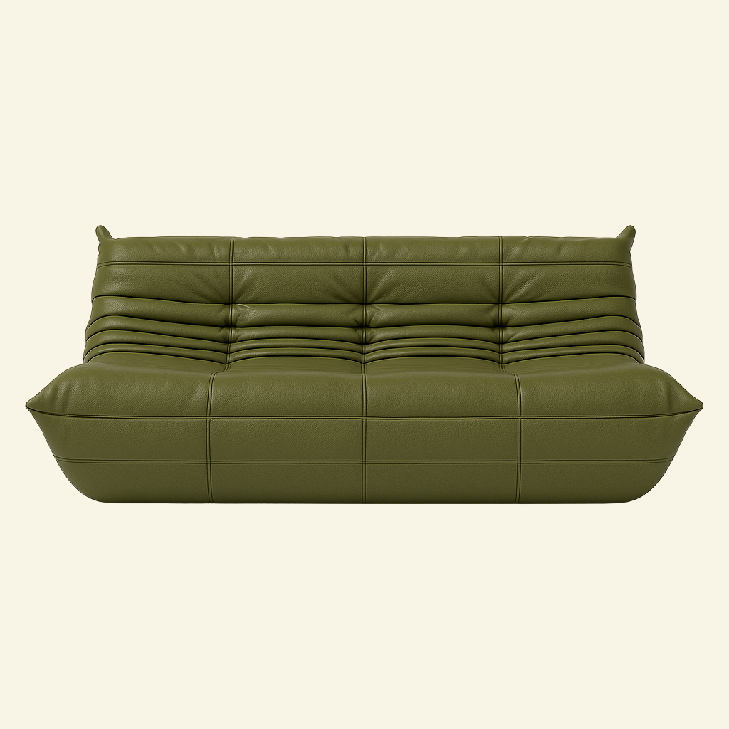 Togo-inspired 3-seater sofa replica in green leather, full front view with deep seat and pleated folds – Vibehaus.