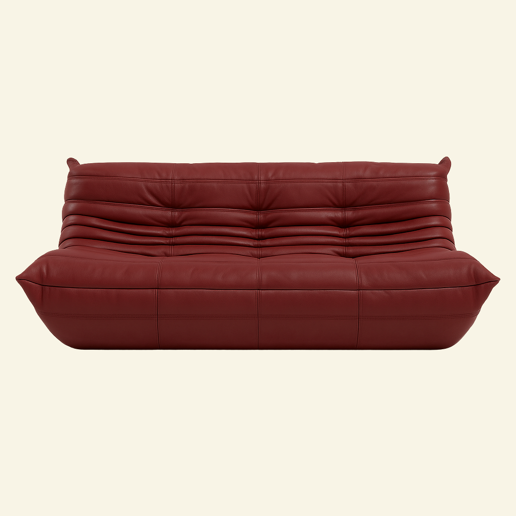 Togo-inspired 3-seater sofa replica in red leather, full front view with deep seat and pleated folds – Vibehaus.