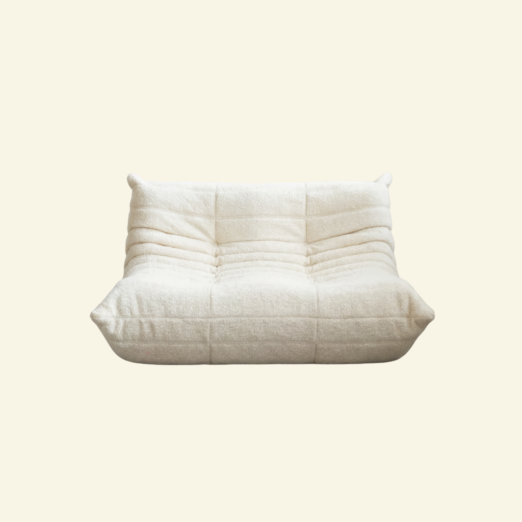 Togo 2-seater Sofa dupe in white bouclé with Togo silhouette designed by michael ducaroy for ligne roset – custom-made by vibehaus