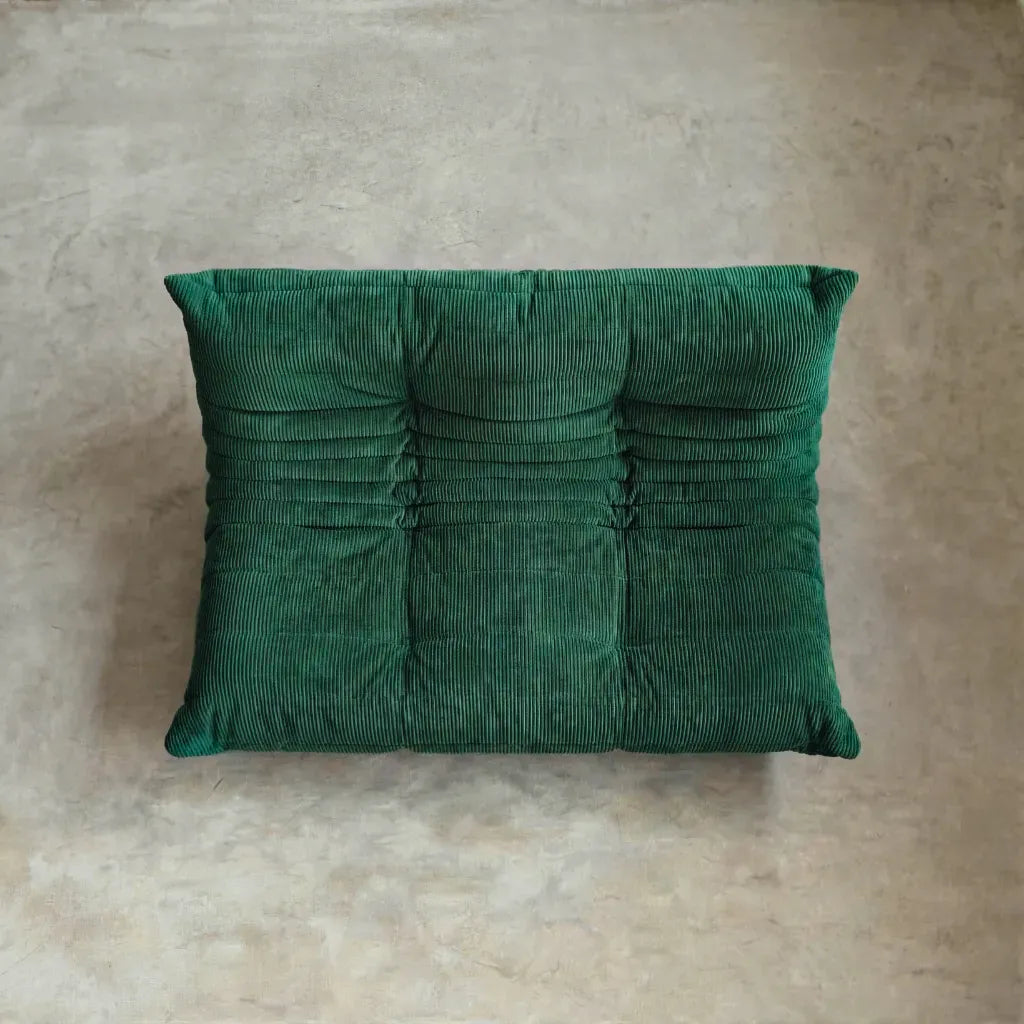 Togo 2-seater Sofa dupe in dark green corduroy with Togo silhouette designed by michael ducaroy for ligne roset – custom-made by vibehaus from topangle