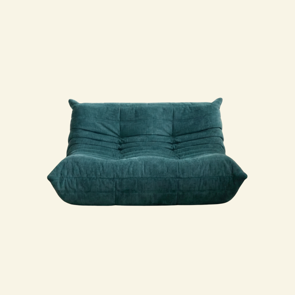 Togo 2-seater Sofa dupe in turquoise blue corduroy with Togo silhouette designed by michael ducaroy for ligne roset – custom-made by vibehaus