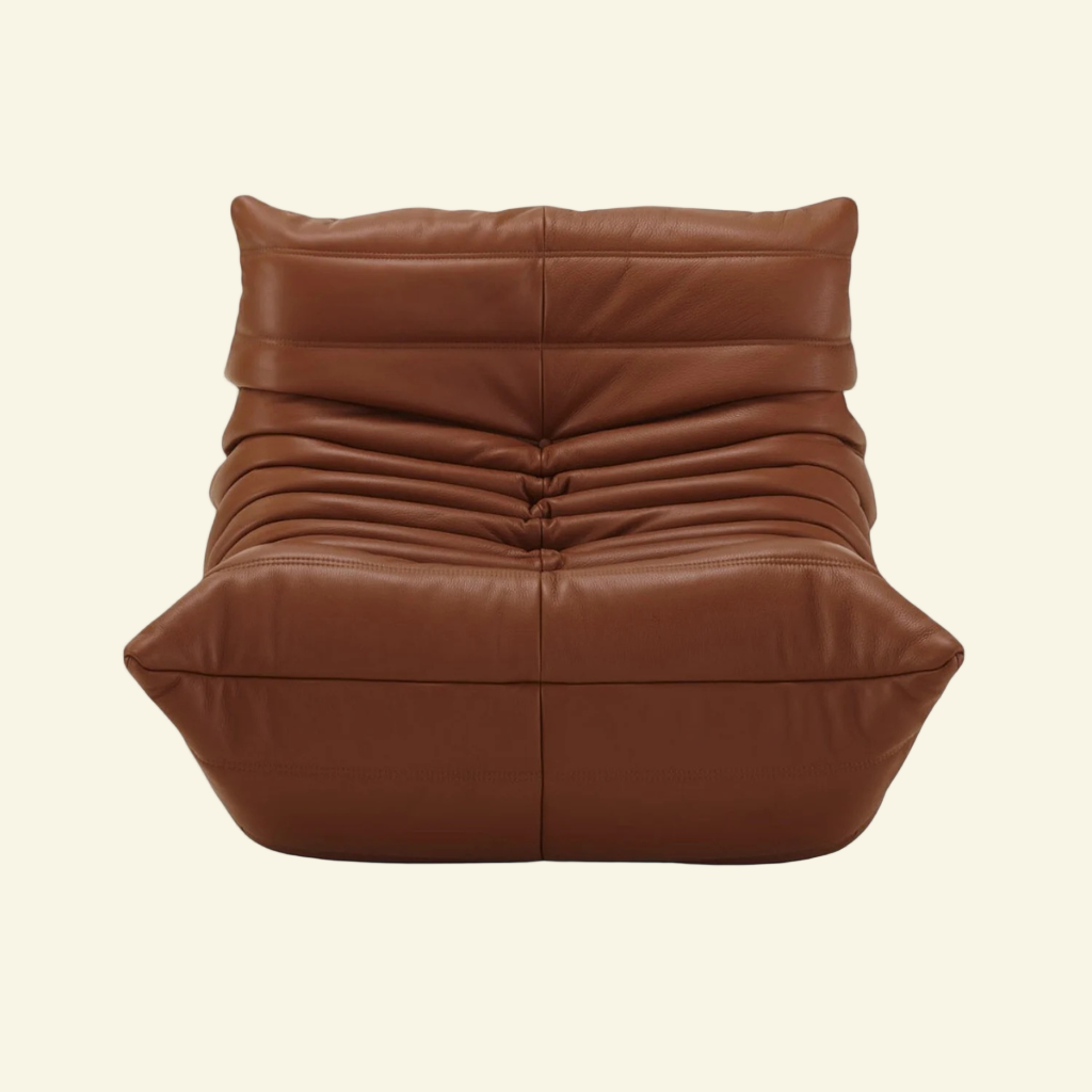 Brown leather togo chair replica on a white background