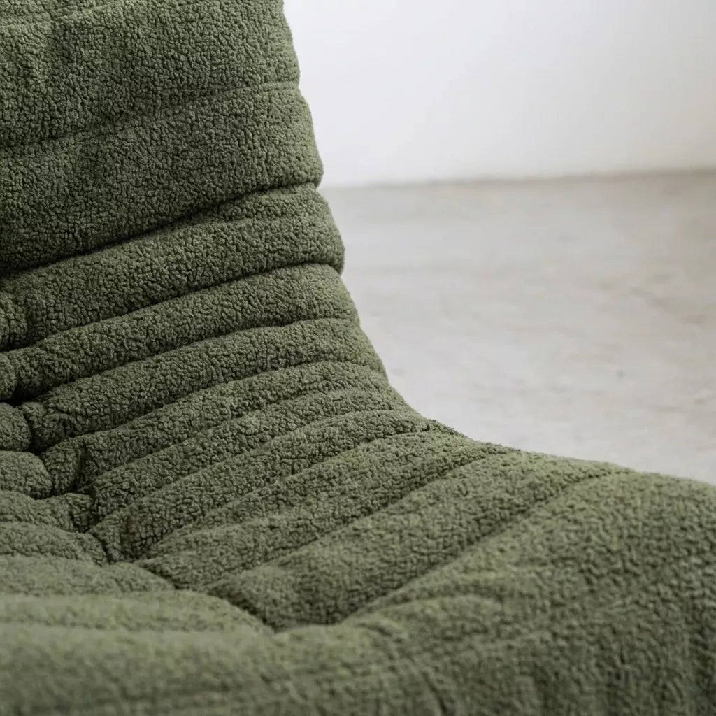 Handmade caterpillar sofa chair as dupe in boucle green – plush high-density sponge filling for ergonomic comfort