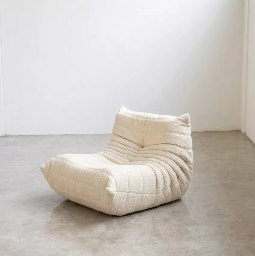 Handmade caterpillar sofa chair as dupe in boucle white – plush high-density sponge filling for ergonomic comfort