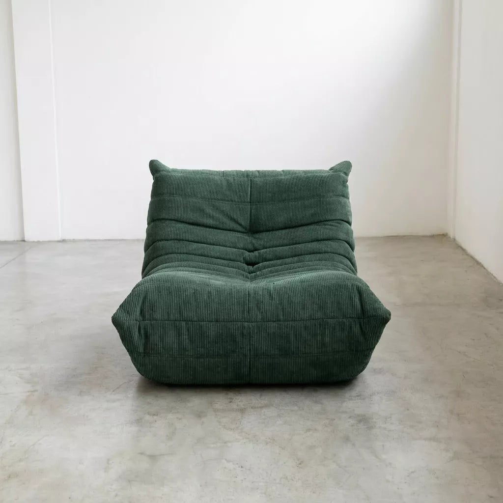 Handmade caterpillar sofa chair as dupe in corduroy green – plush high-density sponge filling for ergonomic comfort