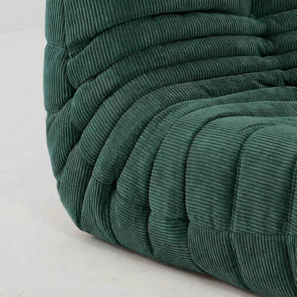 Close up sofa chair as dupe in corduroy green – plush high-density sponge filling for ergonomic comfort