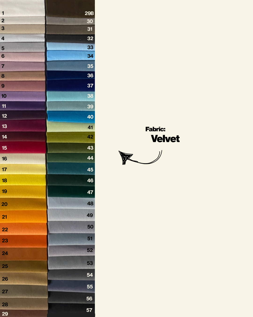 Color swatch chart for velvet fabric with numbers and a label for the camaleonda replica indicating the fabric type.