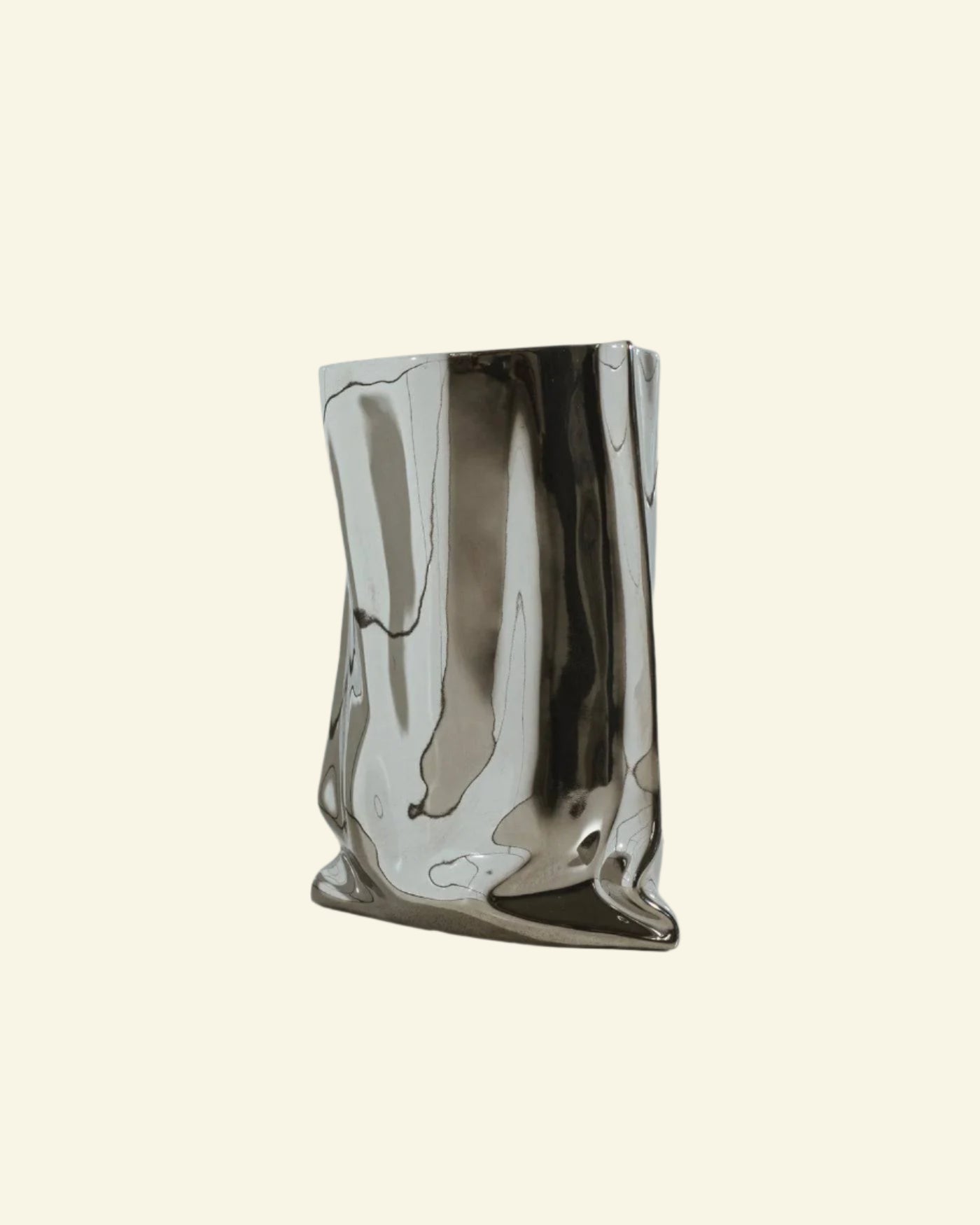 High-gloss silver flower vase with soft ruffled edges and sculptural design, perfect for holding florals or displaying solo