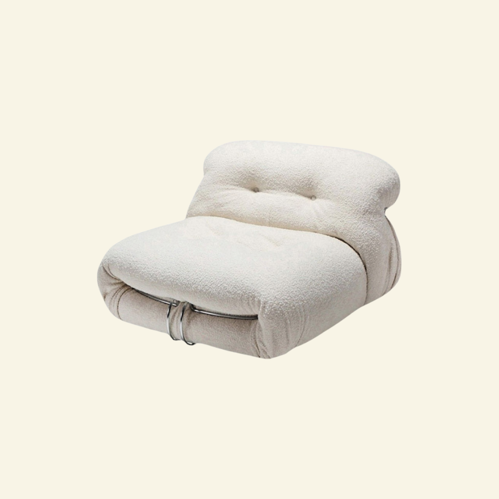 White boucle soriana chair replica with a textured surface on a beige background