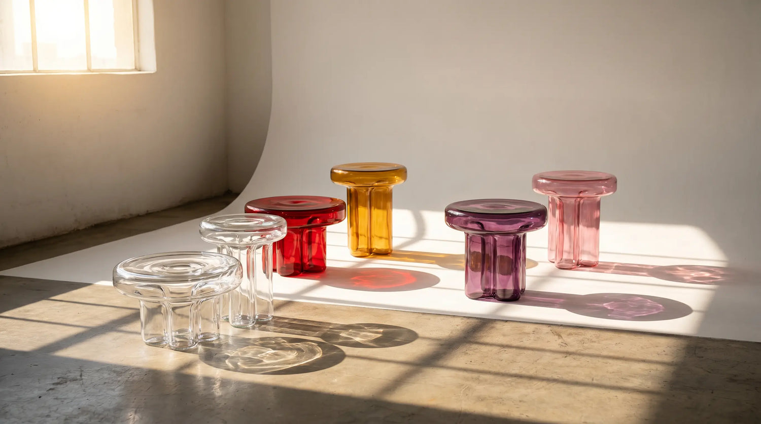 Handblown Glass Side Tables in the studio setting by vibehaus