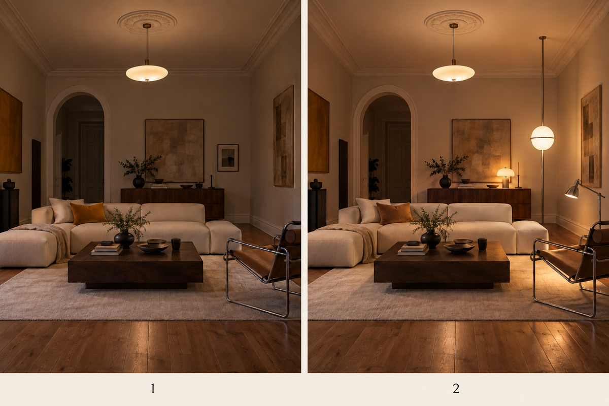 Illustrative comparison of ceiling lighting alone and layered lighting in a living room with high ceilings.