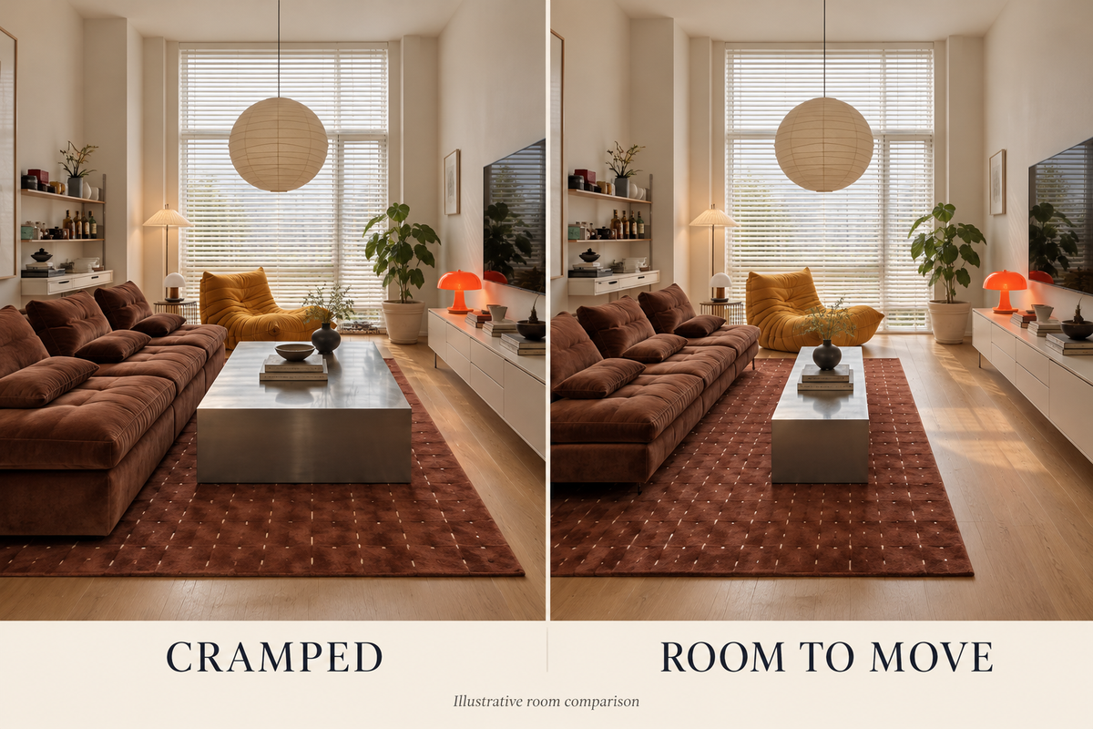 Illustrative comparison of a narrow living room with a deep sofa and oversized chrome table versus smaller furniture and a clearer passage.
