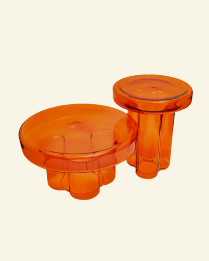 Amber glass side table wide and tall version on beige background