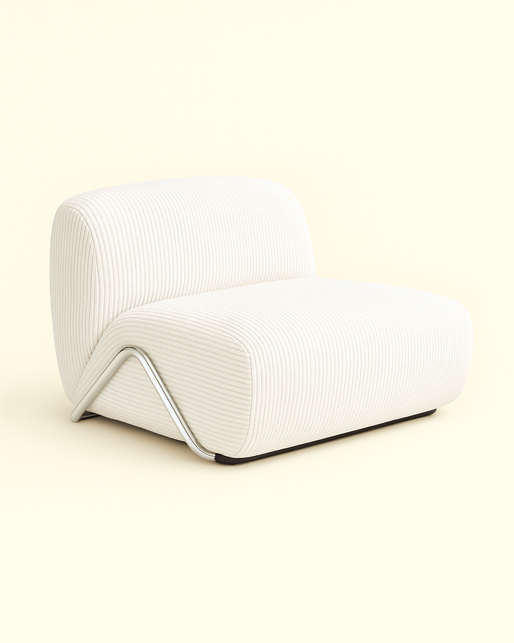 Arco lounge chair in white with brushed stainless steel base – sleek architectural frame for stability and style