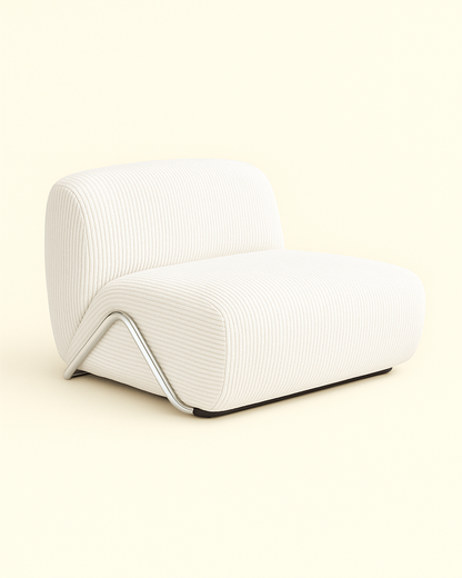 Arco lounge chair in white with brushed stainless steel base – sleek architectural frame for stability and style