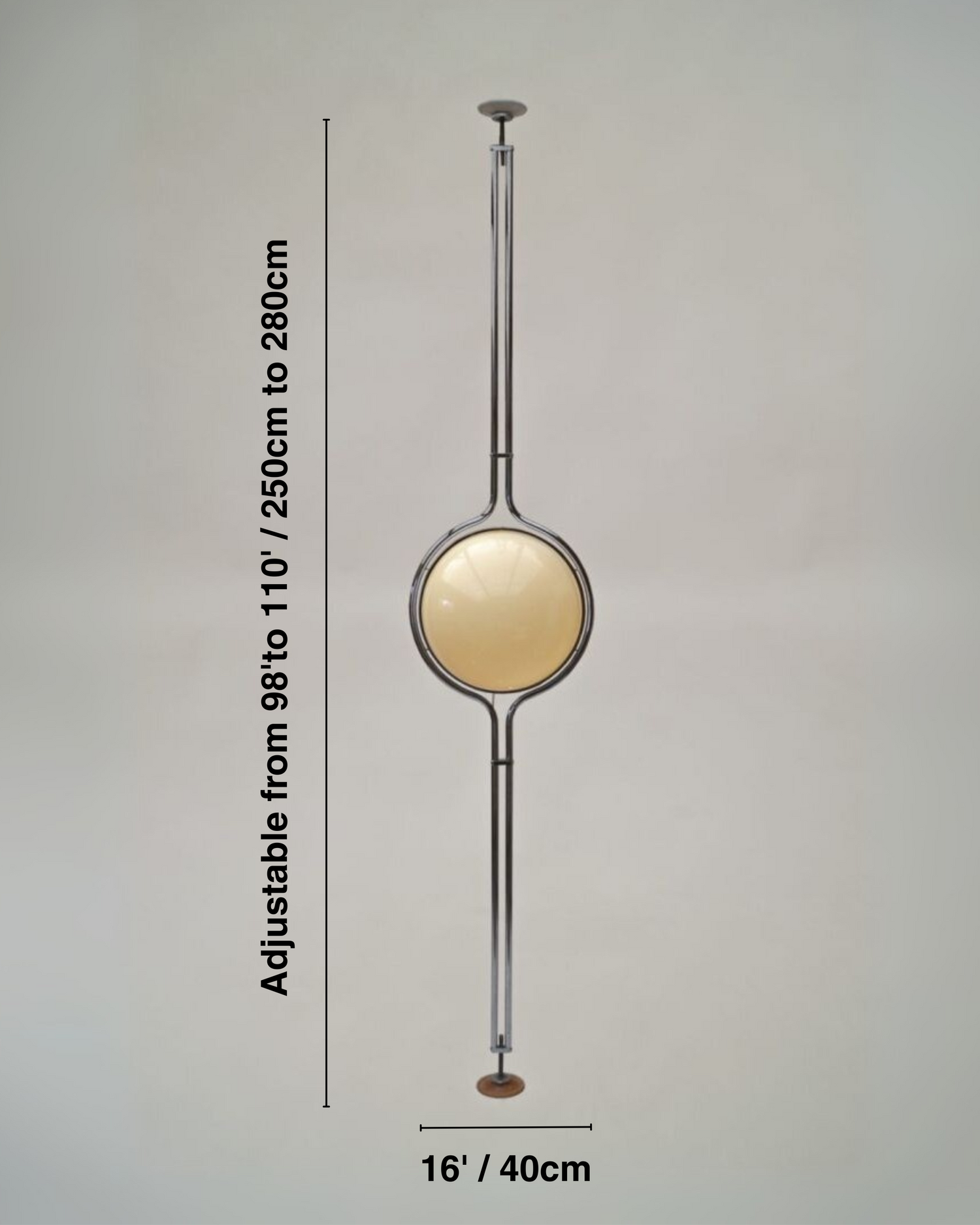 Floor to Ceiling Ball Globe Lamp Retro Lamp by vibehaus with adjustable height measurement on a gray background