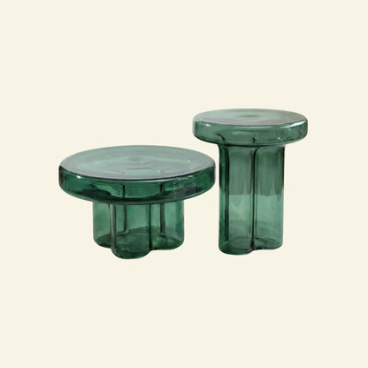 Green Glass Side Table Set  – Handblown End Table on beige background by vibehaus