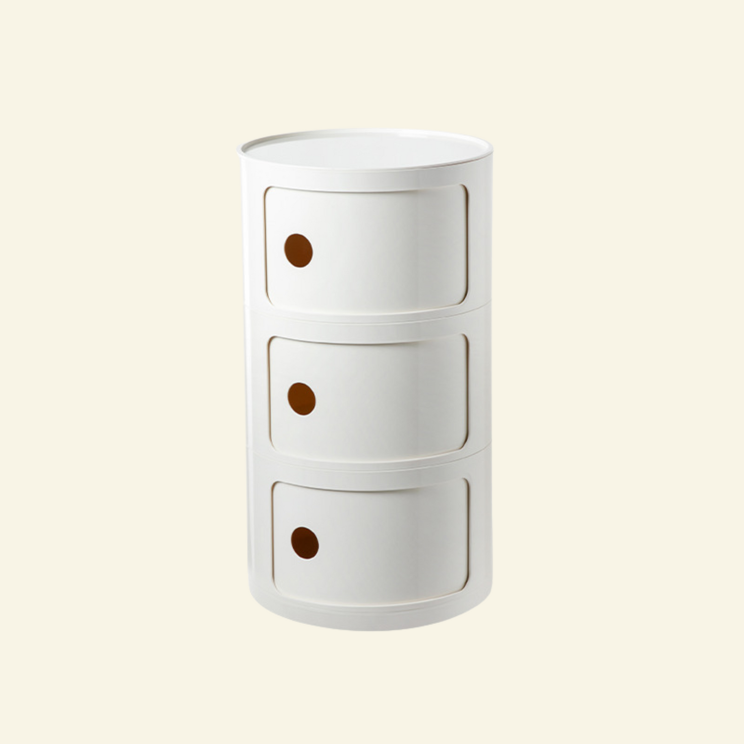 Kartell Componibili dupe round modular storage unit in glossy white plastic on beige background