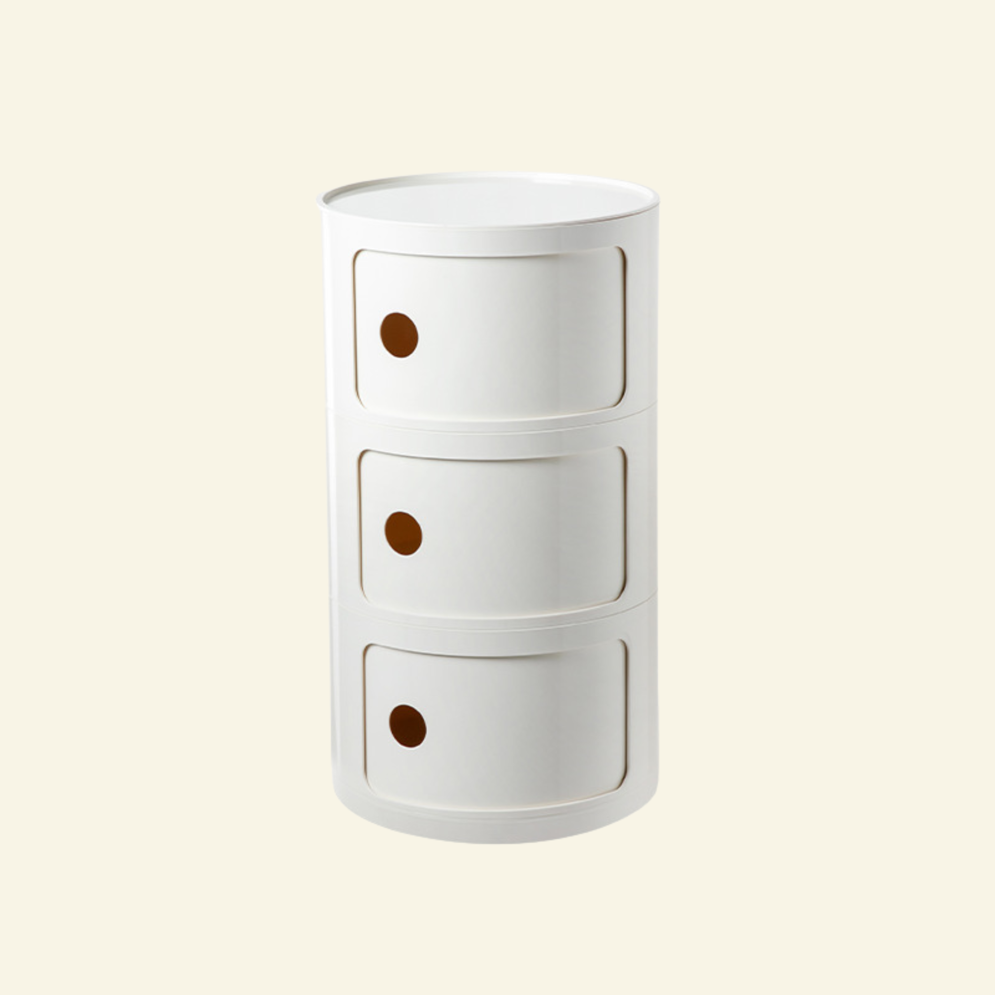 Kartell Componibili dupe round modular storage unit in glossy white plastic on beige background