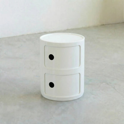 Kartell Componibili dupe round modular storage unit in white glossy plastic with two tiers on concrete floor in white studio