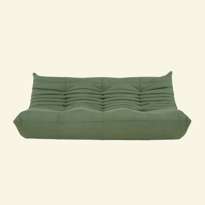 Matcha-green velvet Togo-style 3-seater sofa  – low, frameless design with plush channel tufting